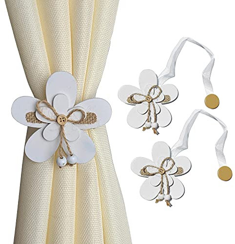 GIRASOLE HOME 2 Fermatende Magnetici Bianchi in Legno a Forma di Fiore Stile Shabby Chic 2 Pezzi con Cordino in Organza per Tende Leggere e Tendine (Fiore, Bianco)