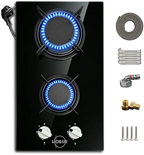 Hobsir Cocina de gas butano 2 Fuegos 30 cm, Integrado, Mando de control, Cristal negro, Fácil de limpiar, Para GLP y gas natural, Con enchufe