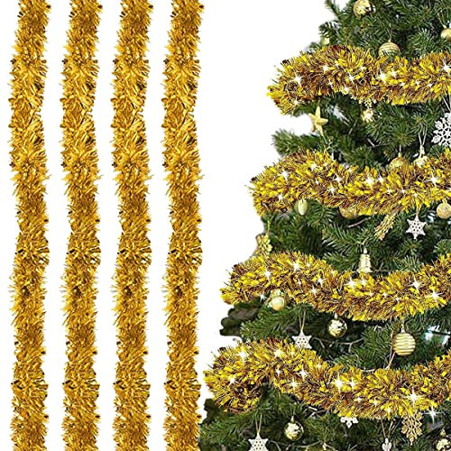 SUNCHE 4 Piezas Espumillón de Navidad, Metálico Oropeles Brillantes Decoración, 2M Espumillón Denavidad, Guirnalda Brillante Metálica Decoraciones, para Árbol de Navidad Boda Fiesta Festival, Oro