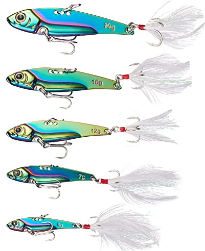 Blueshyhall Set med 5 metallfiskedrag, fiskedrag kit, fiskesked i hav och sötvatten, släp, spinner sked, fiskekrokar, artificiellt bete