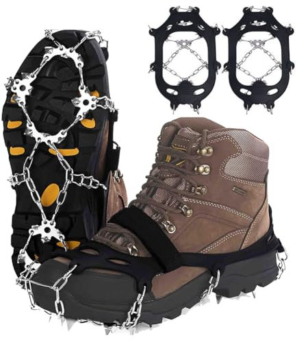 Flintronic Steigeisen mit 19 Zähne, Anti Rutsch Schuhkralle mit Edelstahl Spikes, Klampen Schuhe Spikes für Bergschuhe und Schuhe, für Wandern, Schnee, EIS, Winter Outdoor, Trekking