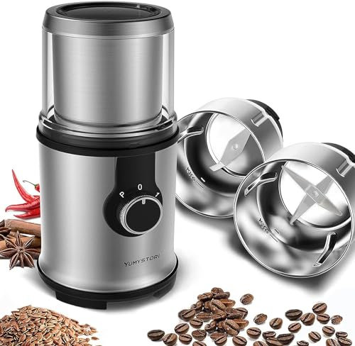 Kaffeemühle Elektrisch, Gewürzmühle mit 2 Abnehmbaren Edelstahlschüsseln, mit Spritzschutzabdeckung und Bürste, Kaffeebohnenmühle mit 110 g Fassungsvermögen, trocken und nass für Maiskörner, Kräuter