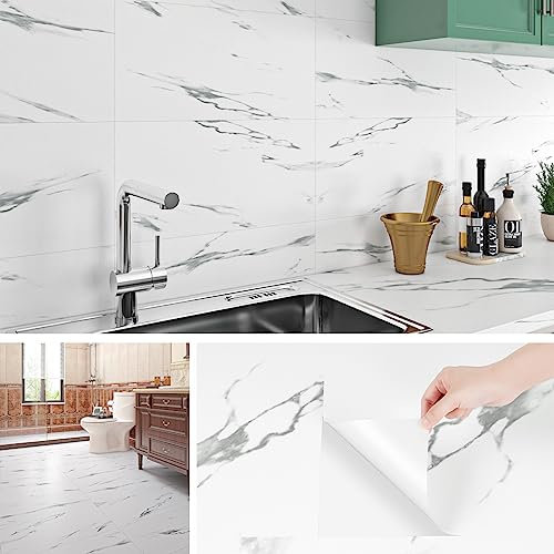 Livelynine Credence Adhesive pour Cuisine Effet Marbre Gris Clair Carrelage Adhesif Mural Salle de Bain 60x30cm Dalle PVC Adhesive Murale Blanc Lavable Dalle PVC Adhesif Sol Salon Chambre, 4 Dalles