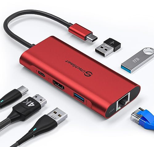 Hub USB C, UtechSmart 6 en 1 USB C a HDMI Adaptador con 1000M RJ45 Ethernet, PD 100W, 3 Puertos USB 3.0 Adaptador Compatible para MacBook, Chromebook Google TV y Dispositivos USB C (Rojo)