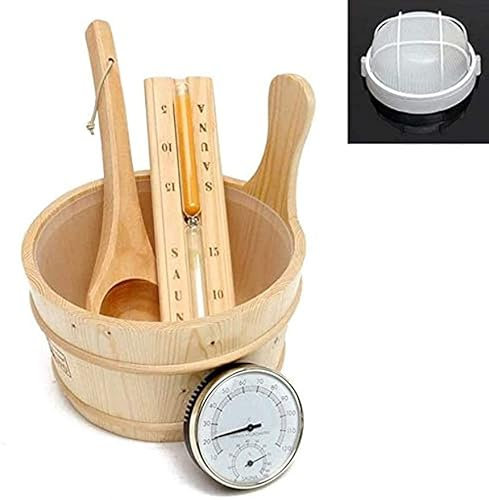 5pcs Sauna Room Wooden Bucket Kit, Essential Spa Accessory, Bath Bucket Spoon Hygrothermograph Explosion Proof Lamp Hourglass Set