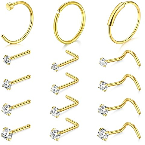 Mayhoop 22G Anillo de la nariz Studs Tornillo Set delgado 0,6 mm de acero quirúrgico CZ Nostril Piercing Joyería de Oro Unisex Gift