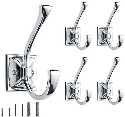 CABDM Confezione da 5 ganci decorativi resistenti per appendere accappatoi, doppi ganci cromati lucidi da parete con viti per chiavi, asciugamani, borse, tazze, cappelli