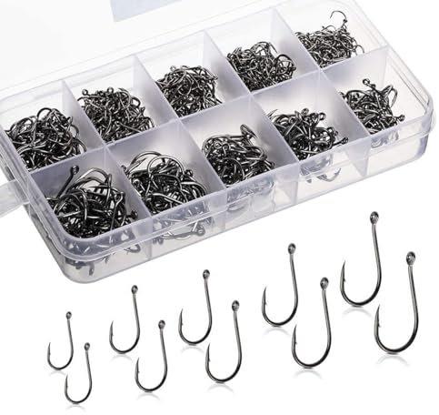 Angelhaken aus Kohlenstoffstahl, Karpfenhaken mit Kunststoffbox, geeignet für Süß- und Salzwasserfische, 200 Stück