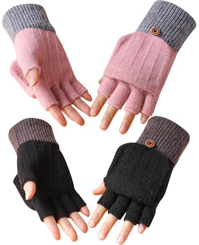 TYXHXTF Lot de 2 Paires de Gants d'hiver, Mitaines Convertibles Rabat Tricot Gants Sans Doigts pour Homme Femme, Gants Demi-Doigt pour Cyclisme Randonnée Escalade Travail Loisir, Noir, Rose