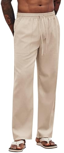 COOFANDY Pantalon Homme Ete Large Pantalons Yoga Pantalons Décontractés Lin Pantalon avec Poches Créme Clair XL