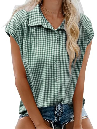 LOMON Womens Button Down Shirts Short Cap Sleeve Summer Cotton V Neck Collared Stripes Blouses Casual Plaid Tops Dark Green and White Plaid L