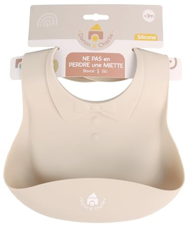 DORON & CHARLIE - Bavoir - Repas De Bébé - 056603 - Beige - Silicone - Design Costume - Réglable - Etanche - DME - Lavable - Imperméable - 1er Age - Bavoir Souple - Puériculture - À Partir de 3 mois