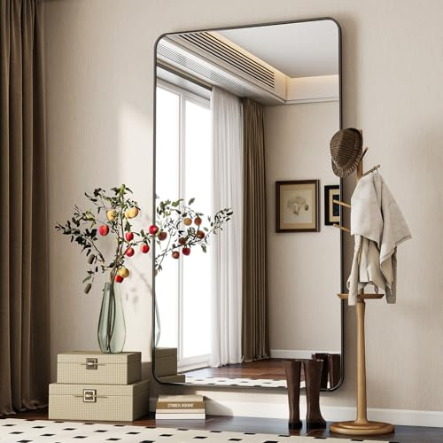 Koonmi Rounded Full Length Mirror with Stand, 171 x 76 cm, Black | Tempered glass, Aluminium frame, Suitable for bedrooms/dressing areas and living rooms