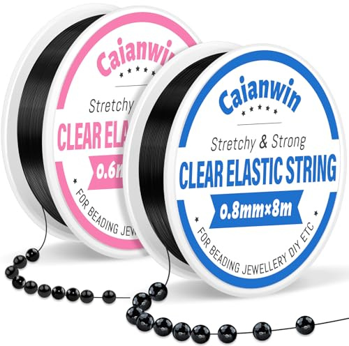 Caianwin Lot de fils élastiques noirs pour bracelets 0,6 mm et 0,8 mm - Ensemble de fils élastiques pour bijoux, cordons de bracelet, fils à bijoux pour bracelets, perles, perles à bijoux, loisirs