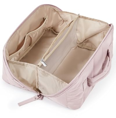 BAGSMART Travel Makeup Bag for Women, Portable Water-resistant Cosmetic Case, Puffy Padded Make Up Organizer Pouch, Open Flat Toiletry Bag for Toiletries, Brushes, Pink