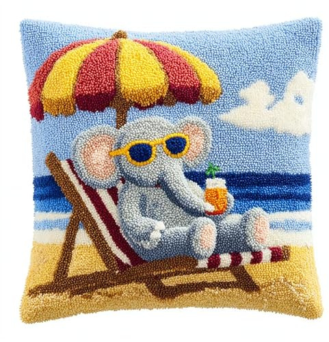 AxiangziK paesaggio Kit Gancio di Chiusura per Cuscino Fai-da-Te,Elefante su una sedia a sdraio,Artigianato Facile da Imparare per Kit Tappeto con Gancio di Chiusura per Cuscino,43x43cm