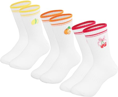 Zidoley 3 pares de calcetines de tenis para mujer, calcetines deportivos para mujer, tallas 36-42, calcetine blancos de frutas con estampado de rayas, calcetine de algodón