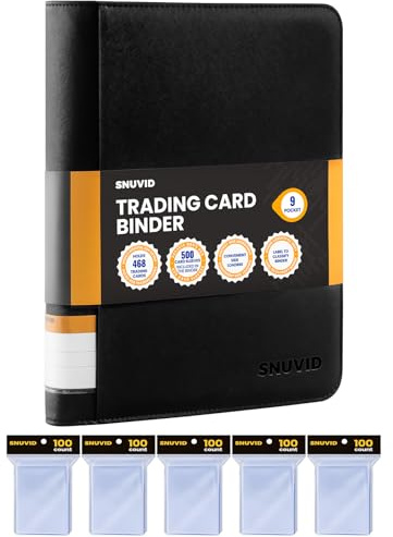 9 Pocket Trading Card Binder with 500 Card Sleeves, 26 Side-Loading Pages Hold 468 Trading Cards, Black PU Cover Zip Card Collection Binder with Side Label, MTG, TCG, Game Cards, Sport Cards Organizer