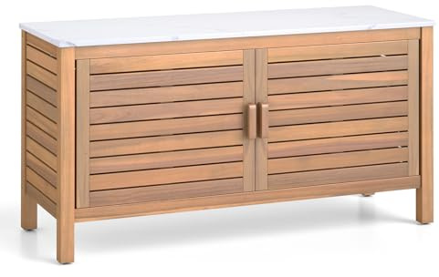 GIANTEX Armario de Jardín de Madera de Acacia, Arcón con 2 Puertas y 3 Compartimentos Interiores, Estante Extraíble, 109 x 40 x 60 cm, Mueble de Almacenamiento para Patio, Balcón