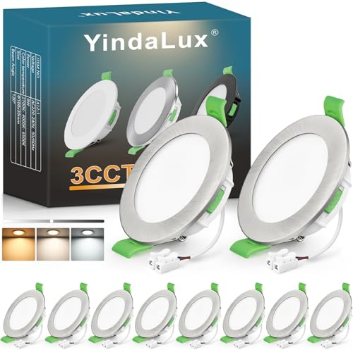 YindaLux LED infälld spotlight 230V dimbar 8W 800LM takspotlights nickel platta LED-spotlights 230V 75-90 mm IP44 infällda badrumslampor 2700K 4000K 6500K set med 10