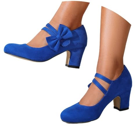 Mary Jane - Zapatos de tacón para mujer, tacones retro, zapatos de tacón retro, de ante sintético, redondos, para oficina, boda, O azul., 36 EU
