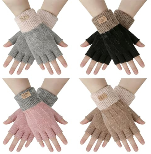 JynkChrenzic Women's Fingerless Gloves 4 Pairs - Thermal Knit Half Finger Gloves for Driving, Typing, Cycling | Warm Winter Stretchable Mittens (Pink/Grey)