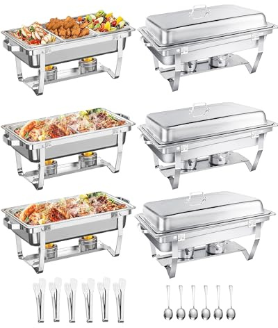 WENMILY Skavningsfat Bufféset 9L,6Sets Rostfria Varmhållningsfat,Silvrig | Livsmedelsgrad,Lättmonterat & Hopfällbart Ställ,Matvärmare för Fest,Bröllop,Bankett & Buffé,(1/3+ 1/2+ 1/1 GN)