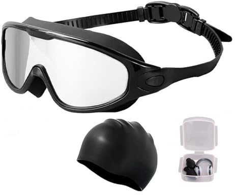 SkyFace Générique Lunettes de Natation Optiques -1.5 to -7.0, anti-buée, protection UV Vue à 180° pour hommes et femmes Joints en Silicone, avec bouchons d'oreilles, bonnet de bain