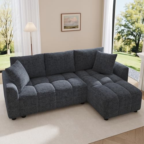 Su & Chan Legence L Shaped Corner Sofa, 3 Seater Sofa with Reversible Chaise and Two Comfortable Cushions, Chenille Fabric, Suitable for Living Rooms and Flats, Grey, 204x127x82.5cm