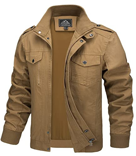 MAGCOMSEN Herren Übergangsjacke Winter Jacke Army Feldjacke Herren Stehkragen Cargojacke mit Multi Taschen Winddicht Baumwolljacke Khaki L