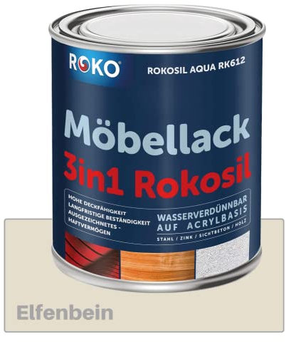 ROKO Möbellack - 0,7 Kg - Elfenbein - 3in1 Möbelfarbe auf Wasserbasis - Seidenmatt - Für Holz, Metall & Kunststoff