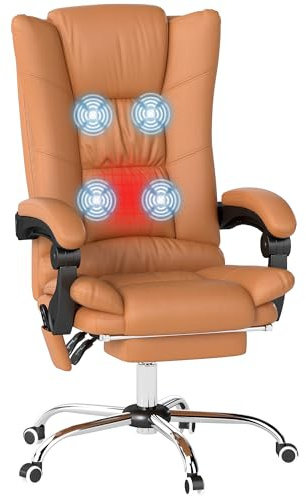 Vinsetto Bürostuhl mit Vibrationsmassage Ergonomischer Chefsessel mit Lendenwärmer, Liegefunktion, Fußstütze, Höhenverstellbar Schreibtischstuhl aus Kunstleder, Drehstuhl mit Seitentasche, Hellbraun