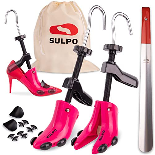 SULPO Schuhspanner - Schuhdehner aus robustem Kunststoff - Schuhweiter, Schuhstrecker für High Heels - Hält den Schuh in Form - Inkl. praktischer Aufbewahrungstasche & Schuhlöffel - Einheitsgröße