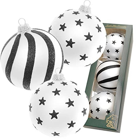 Krebs Glas Lauscha Weihnachtsdekoration/Christbaumschmuck aus Glas - Weihnachtskugeln - Motiv: Weiß-Schwarz Sterne - 3 Stück - Größe: ca. 8 cm