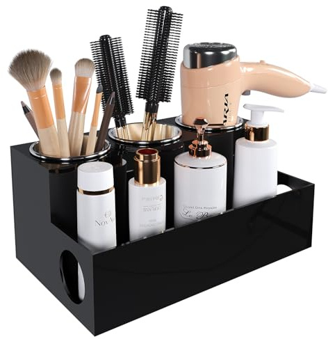 PITBVO Hair Tool Organizer, Black Acrylic Hair Dryer Holder with 3 Cups, Bathroom Supplies Countertop Blow Dryer Holder, Vanity Caddy Storage Stand for Accessories, Makeup, Toiletries