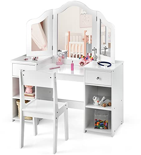 INFANS Kids Vanity, 2 in 1 Princess Makeup Desk and Chair Set with Drawers Tri-Folding Detachable Mirror Large Storage Shelves, Wooden Dressing Table, Pretend Play Vanity Set for Toddler Girls