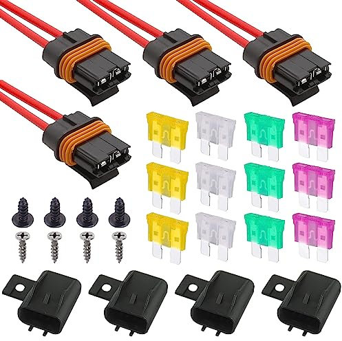 GTIWUNG 4 Stück 24V ATO ATC Sicherungshalter Wasserdicht mit 12AWG Draht, Flachsicherung Halter Wasserdicht Inline Blade Fuse Holder mit 12 Teiligen Flachsicherungen (20A/25A/30A/35A）