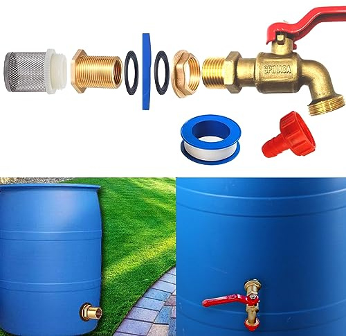 Rain Barrel Spigot, Brass Faucet Kit for Rain Water Barrel, Water Tanks, Tubs, Pools Etc, Turn Ball Valve Rain Barrel Spigot with Bulkhead Fitting Set, Hose Adapter, Filter Mesh and Tape