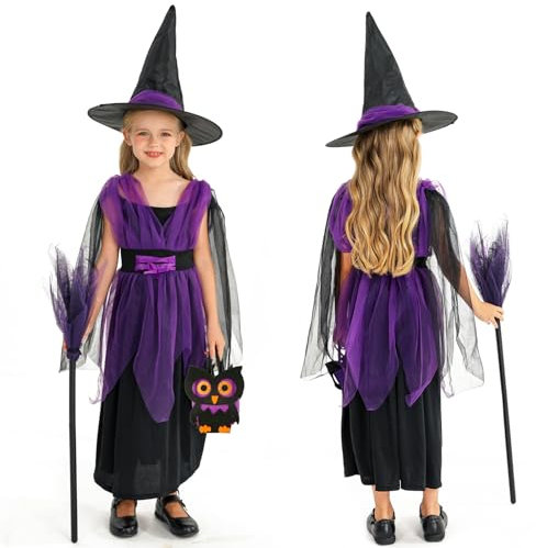 BARVERE Mädchen Hexenkostüm, Hexenkleid Farbe Kleid mit Hexenhut, Besenstiel und Eulen-Tasche für Kinder(Größe: 110)