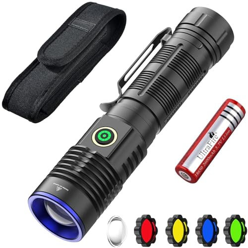 UltraFire Torcia tattica con fondina, verde/rosso/blu/giallo, luce 2000 lumen ricaricabile USB LED torcia elettrica Zoomable 5 modalità Piccola torcia con batteria