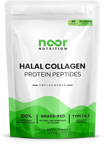 Noor Nutrition - Halal Bovine Collagen Peptides Powder 400g for Hair, Skin, Nails and Joints - Hydrolysed Collagen (Type 1 & 3) for Women and Men - High Levels of 8 Essential Amino Acids