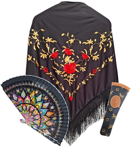 Planta Color Pack Tradicional Español: Mantón con Bordado de Preciosas Flores, Abanico de Madera con Dibujo Mandala Estampado y Funda Artesanal Hecha en España (Negro étnico)