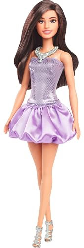 Barbie Fashionistas Doll #234 with Brown Hair, Wearing Sequined Purple Bubble Dress with Satiny Skirt, Silvery Necklace and Heels, HYT92