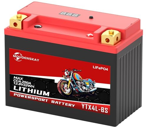 MOUDENSKAY Batteria al Litio per Moto 12V Batteria al Litio Powersports con BMS e indicatore 32WH 2.5Ah 180-250CCA YTX4L-BS LiFePO4 batteria di avviamento per moto,ATV,UTV,veicoli d'acqua, ecc