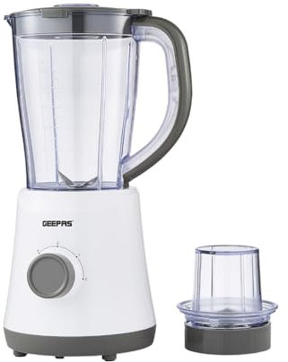 GEEPAS 2-in-1 Food Jug Blender | 1.5L Juice Jar & 60G Mini Coffee Spice Grinder Mill 4-Leaf Stainless-Steel Blades 2 Speed & Pulse Lockable Lid Smoothie Maker for Ice Crushing 2 Yr Warranty 500W Grey