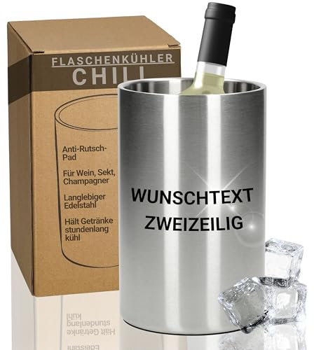 Personalisierter Flaschenkühler 'Chill' - Doppelwandiger Weinkühler Edelstahl - Getränkekühler für Wein, Sekt, Champagner und Bier - Geschenk für Weinliebhaber, Freunde, Eltern usw., Farbe:silber