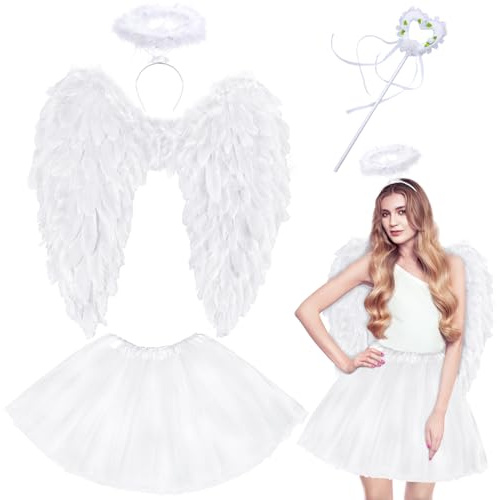 Yezmo Ali D'angelo, Costume Da Angelo per Donne E Ragazze, Accessori Da Angelo Con Gonna a Tutù in Tulle a Strati, Fascia per Capelli, Bacchetta D'angelo, Per Carnevale, Cosplay, Feste, Carnevale