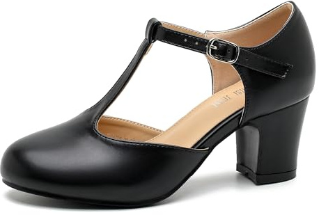 MAIERNISI JESSI Damen T-Riemen Mary Jane Pumps, 6,5 cm Blockabsatz, runder Zehenbereich, Schnallenverschluss, Schwarz matt, 37 EU