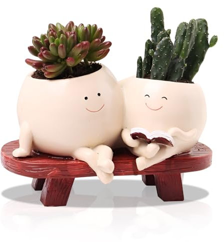 Lotvic Pot de Fleurs avec Visage, Pot De Fleurs en Résine avec Trou de Drainage, pour Plantes Grasses et pour d'intérieur et d'extérieur, Idée Cadeau (Lire) (Lecture sur Un Banc)