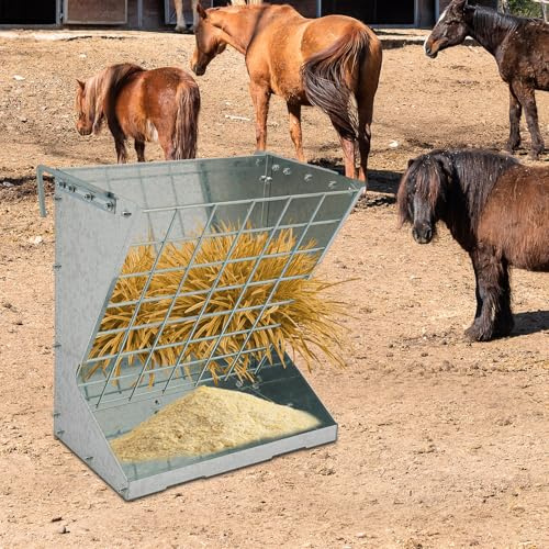 Hjärack boskap av stål – hängande foderstation för getar, får och hästar, stor, 56 x 33 x 60 cm, 2 i 1 tung fodertråd för hö och spannmål (silver)
